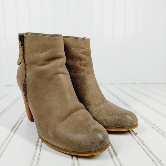 Trolley Brown Tan Leather Side Zippers Block Heel Ankle Boots H933 - Picture 4 of 12